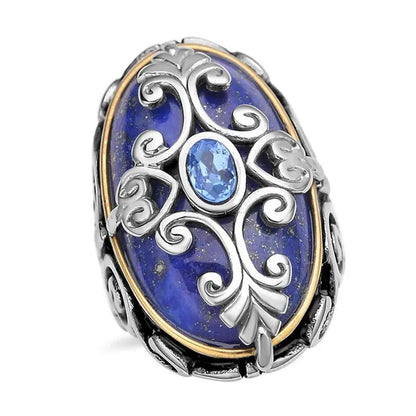 Shop LC Lapis Lazuli Cocktail Statement Ring ION Plated Yellow Gold Floral Blue