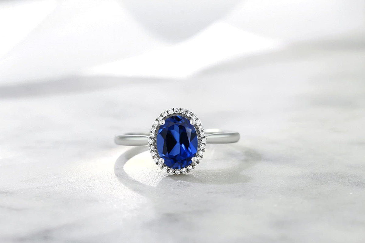 10K White Gold Blue Created Sapphire and Diamond Women Engagement Ring (1.60 Ct