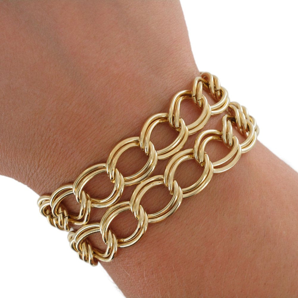 Ladies Bracelet 7" Two Row Double Cable Link Chain Gold Tone Adult Female