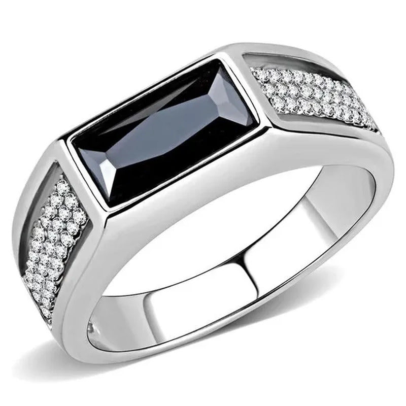 Men High Polished Stainless Steel Ring with AAA Grade CZ in Black Diamond - Size