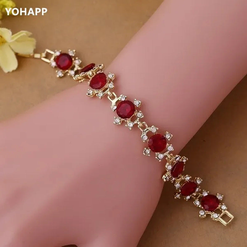 YOHAPP Gold Plated Women Fashion Red Ruby Square Shape Bracelet Jewelry