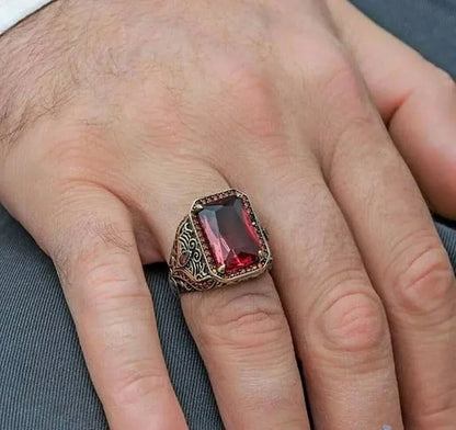 Luxury Men'S Fashion Jewelry Vintage 925 Sterling Silver Square Cut Natural Red