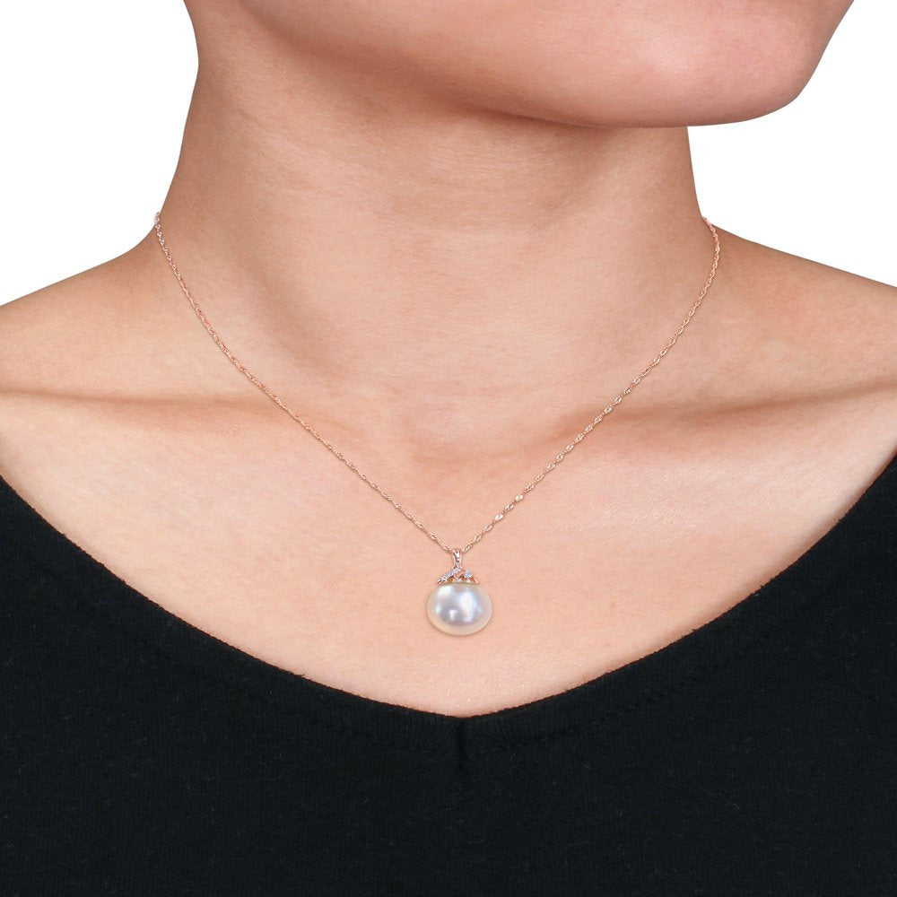 9-10Mm Drop South Sea Cultured Freshwater Pearl and Diamond Accent 14Kt Rose Gol