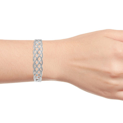 Diamond Silver Tone Weaved Bangle Cuff Bracelet 7" Ct 0.02 H-I I3"