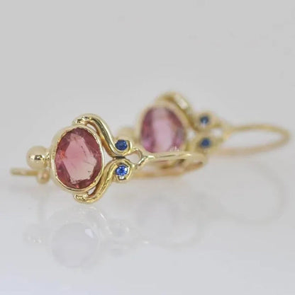Unique 14K Blue Sapphire Oval Pink Tourmaline Gemstone Dangle Hook Earrings Wome