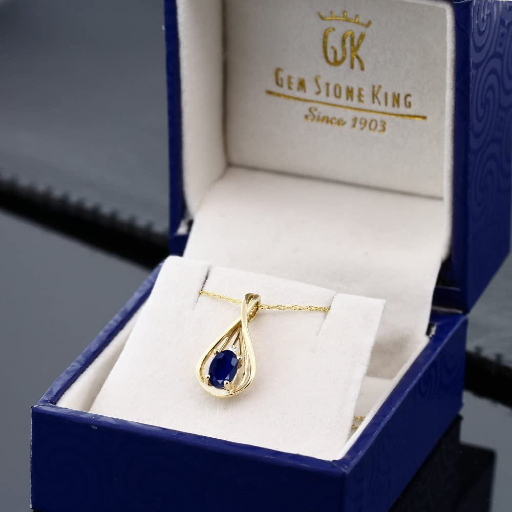 10K Yellow Gold Blue Sapphire and Diamond Teardrop Pendant Necklace for Women (0