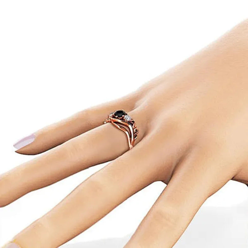 Fashion Ladies Rose Gold Leaf Vine Black Gemstone Rings Jewelry Bridal Romantic