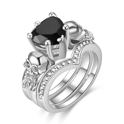 Gothic Skull Finger Black Female Wedding Rings Set for Women Girl Red Heart Crys