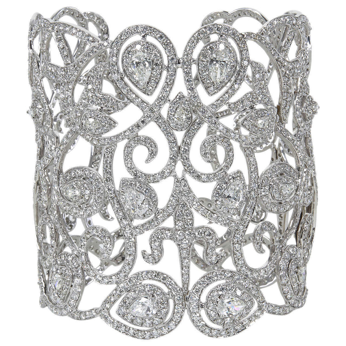 DIAMOND ROUND BRILLIANT PEAR SHAPE BIG CUFF DIAMOND SET PRONG BEZEL SET BANGLE