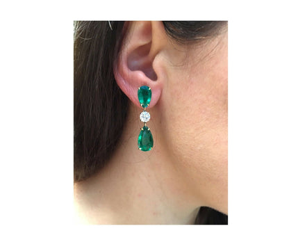 EMERALD FOUR PEAR SHAPE DIAMOND TWO ROUND SHAPE DANGLE SET EARRINGS