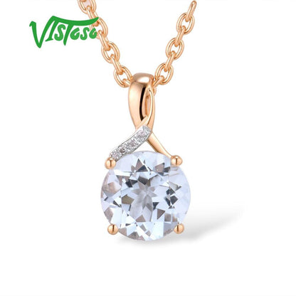 Gold Pendant for Women Genuine 14K 585 Rose Gold Radiant Blue Topaz Sparkling Di