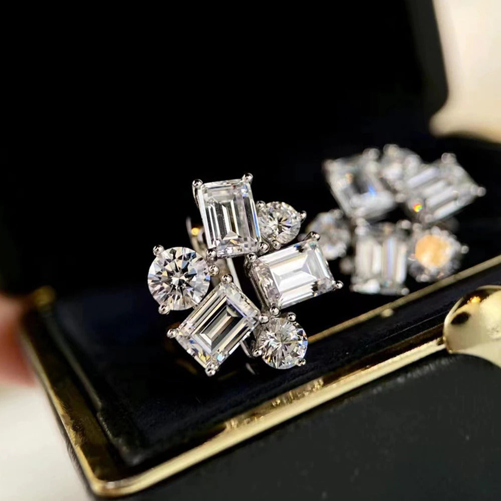 Luxury 925 Sterling Silver Emerald Cut Created Moissanite Gemstone Studs Earring