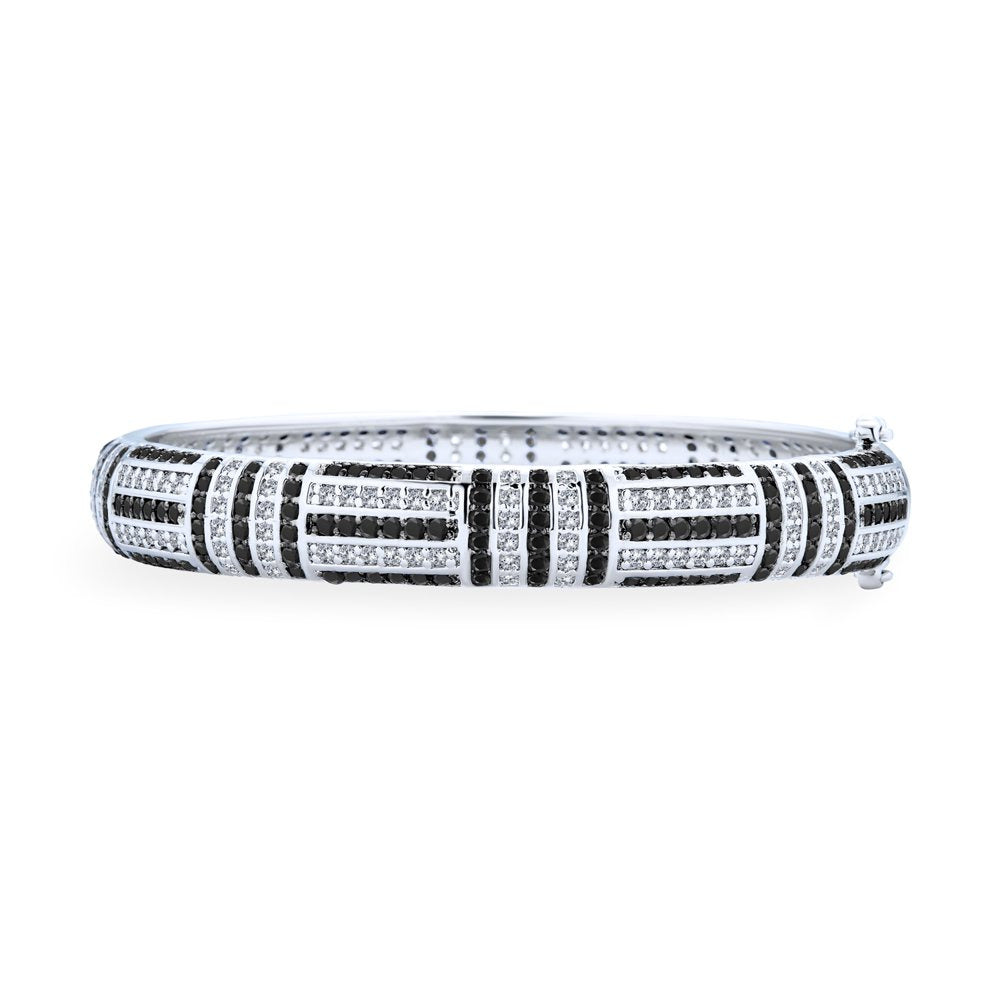 Art Deco Style Black Cubic Zirconia Dome Bangle Bracelet Silver Plated