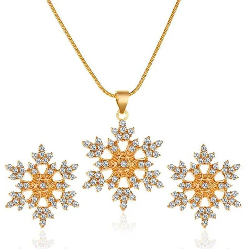 Elegant Crystal Snowflake Earrings Necklace Set Temperament Ladies Zirconia Snow