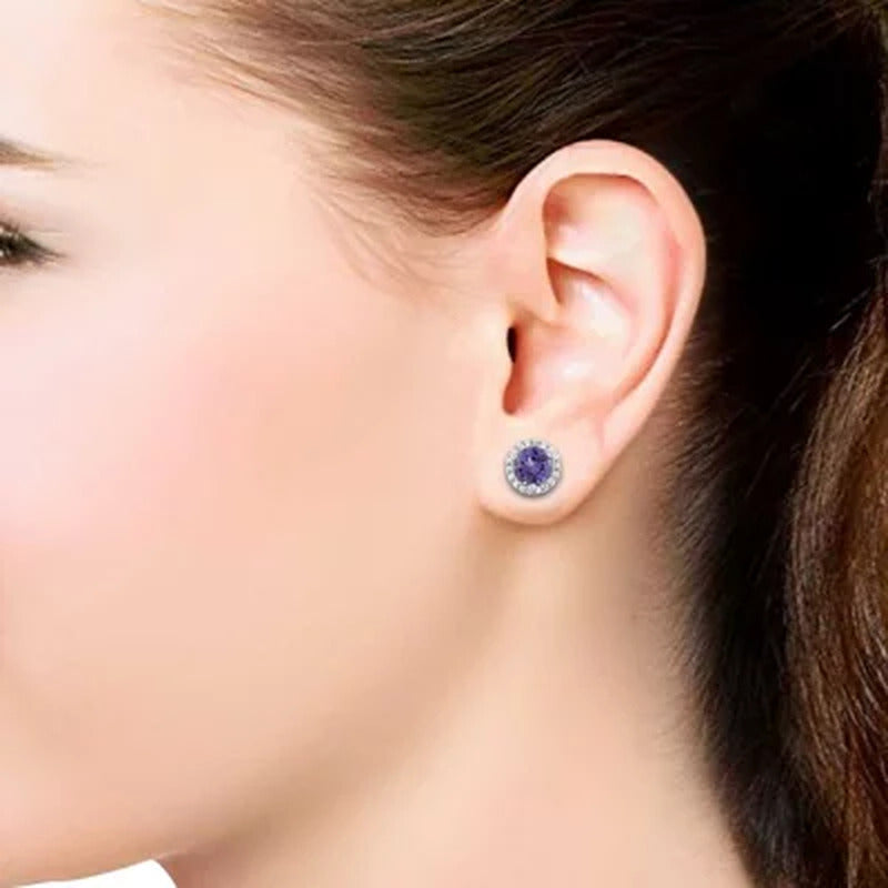 Round Tanzanite and 0.15 CT. T.W. Diamond Halo Earrings in 14K White Gold