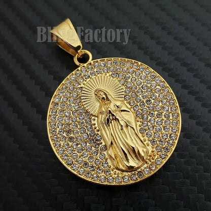 Stainless Steel Iced Lab Diamond Mother Mary Medal Charm Pendant