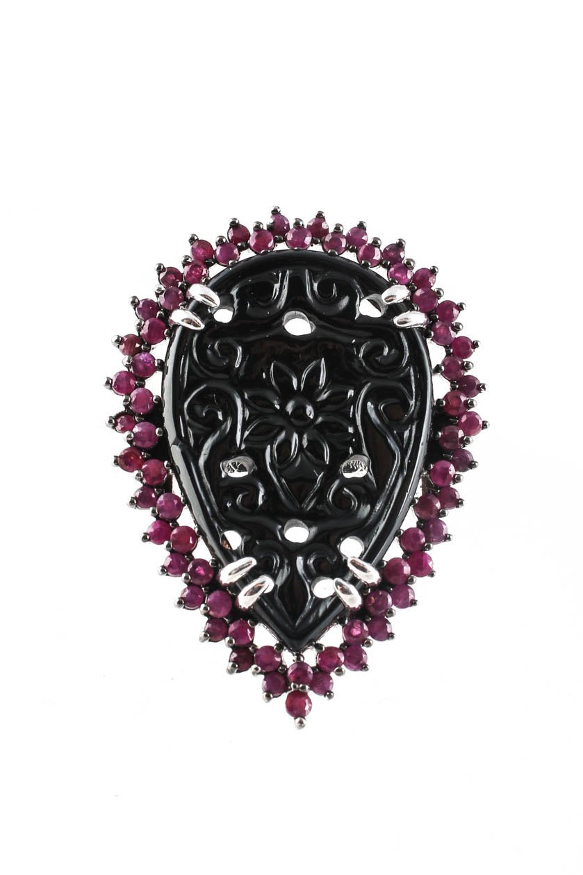 Pre-Owned| Sterling Silver Hand Carved Black Onyx Ruby Cocktail Ring Size 8