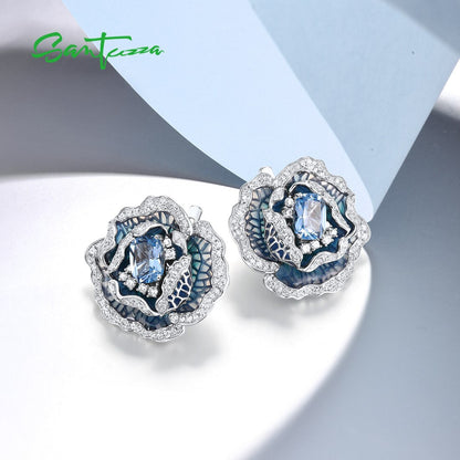 925 Sterling Silver Earrings for Women Blue Spinel White CZ Blooming Flower Eleg