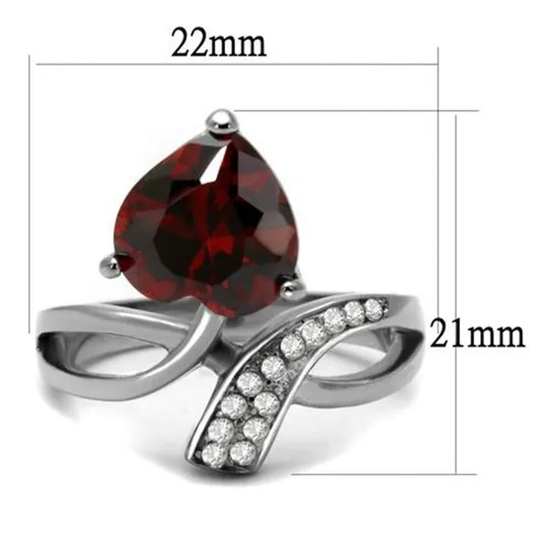 3.22 Ct Heart Shape Garnet Color Cz Stainless Steel Fashion Ring Women'S Size 5-