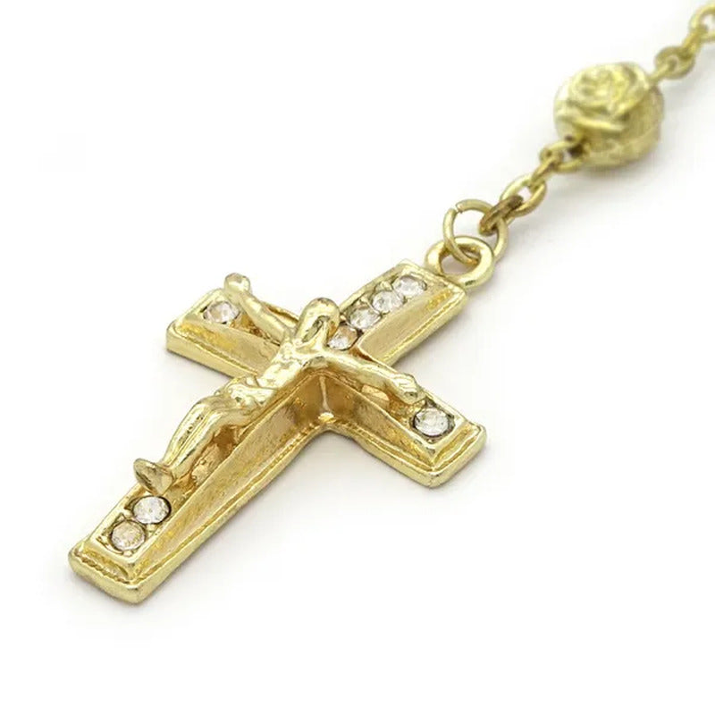 HOT Mens Hip Hop 8Mm GOLD Beads 14Kt Diamond-Shape Rosary & Jesus Cross Necklace