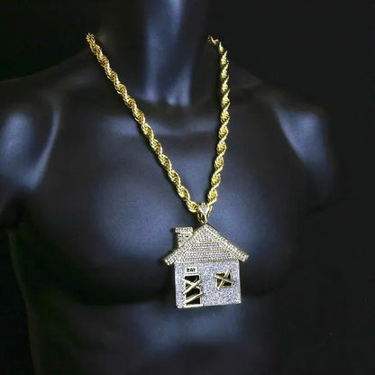 Hip Hop Luxury Diamond Jewelry Mens 14K Gold Plated Huge Trap House Pendant / 10