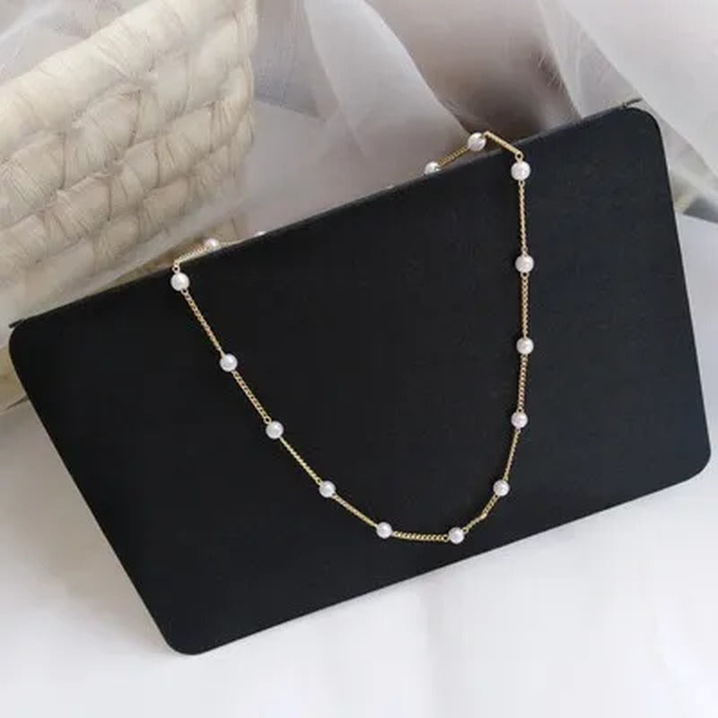New Beads Women'S Neck Chain Simulation Pearl Necklace Gold Color Goth Chocker J