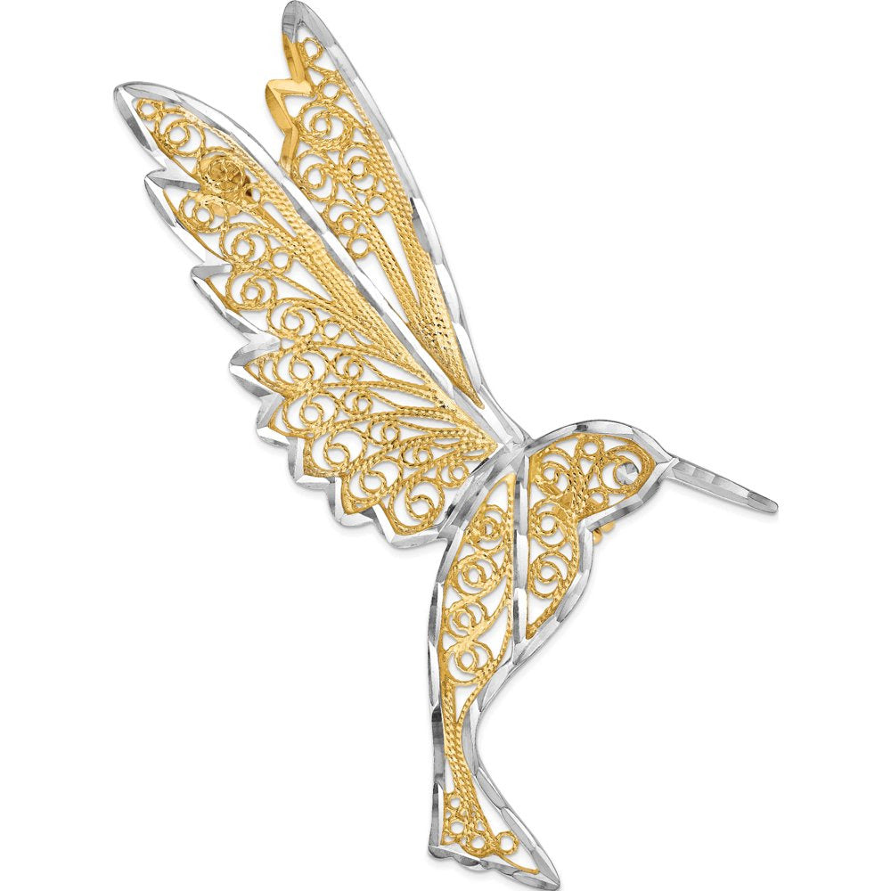 14K Yellow & Rhodium Diamond Cut Filigree Hummingbird Pin (54 X 35) Made in Turk