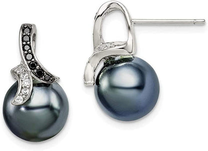Solid 925 Sterling Silver Black and Clear Cubic Zirconia CZ Gray Shell Simulated