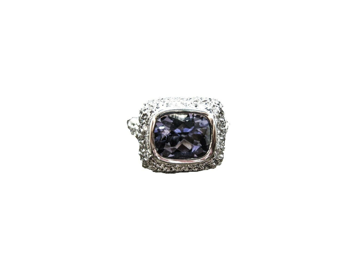 4.60 CT CUSHION IOLITE LIGHT PUPLISH BLUE DIAMOND ROUND BR PAVE SET RING 14 K