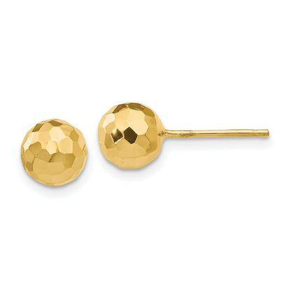 Polished Hammered Mirror Ball Post Earrings in Real 14K Yellow Gold 7 Mm