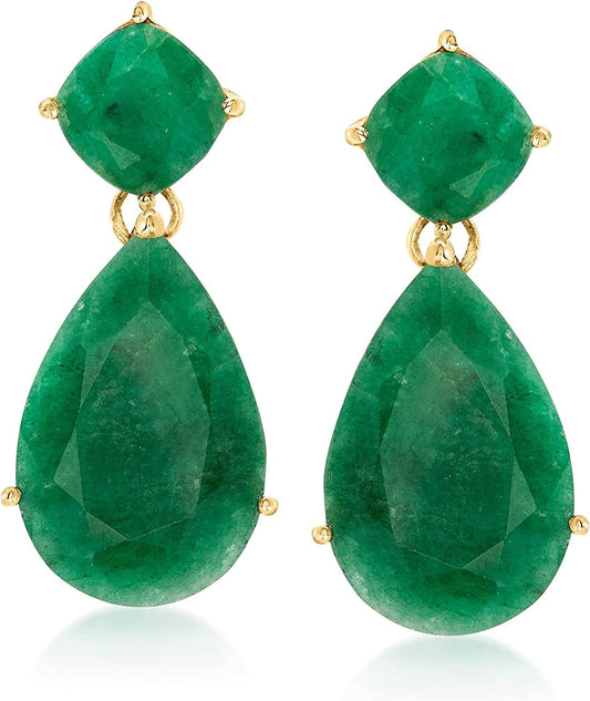 19.20 Ct. T.W. Emerald Drop Earrings in 18Kt Gold over Sterling