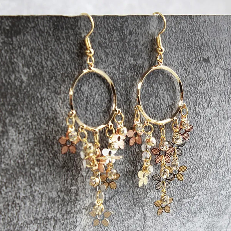 Woman Fashion Golden Circle Flower Tassel Earrings Jewelry