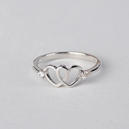 Cute 925 Sterling Silver Double Heart Shaped Hollow Diamond Ring Wedding Engagme