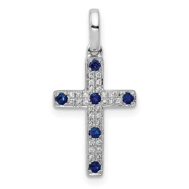 1/15Ct. Natural Diamond Blue Sapphire Cross Pendant in 14K White Gold
