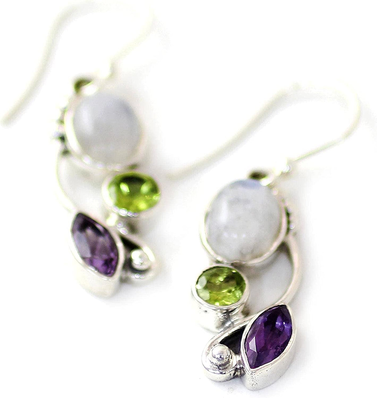 Peridot Amethyst Rainbow Moonstone .925 Sterling Silver Dangle Earrings, Natural