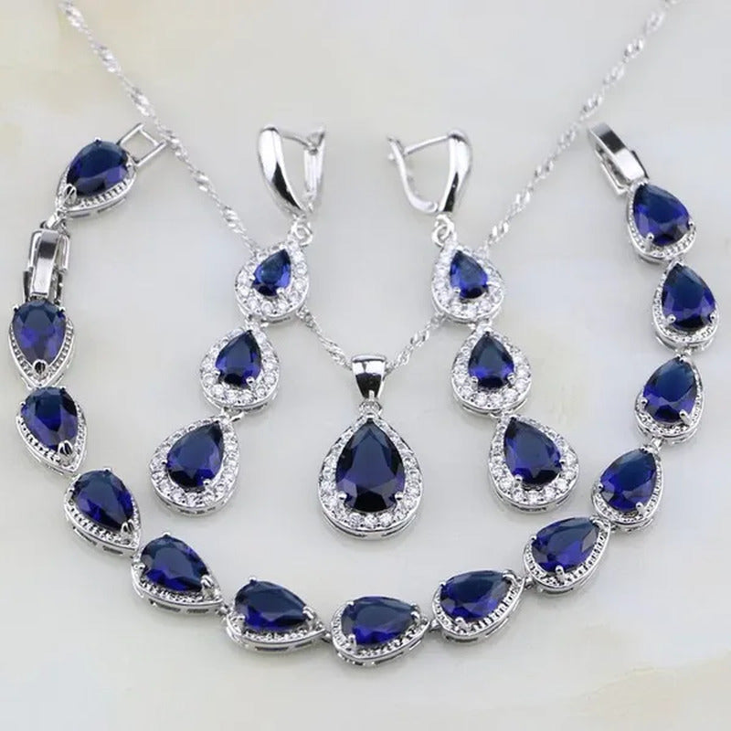 Trendy Water Drop Blue Sapphire White Topaz 925 Sterling Silver Jewelry Sets Wom