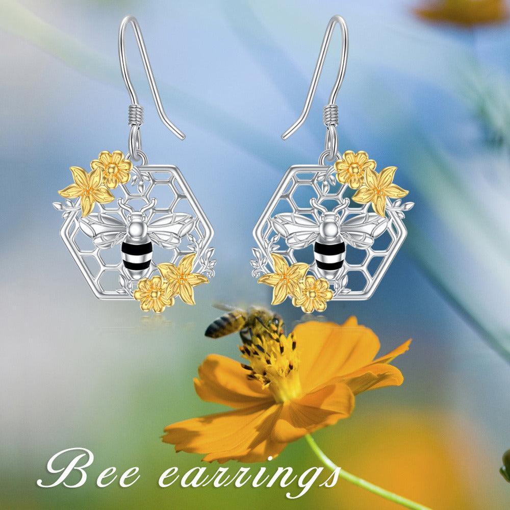 Sunflower Bee Earrings Sterling Silver Honeycomb Dangle Drop Bee Earrings Jewelr