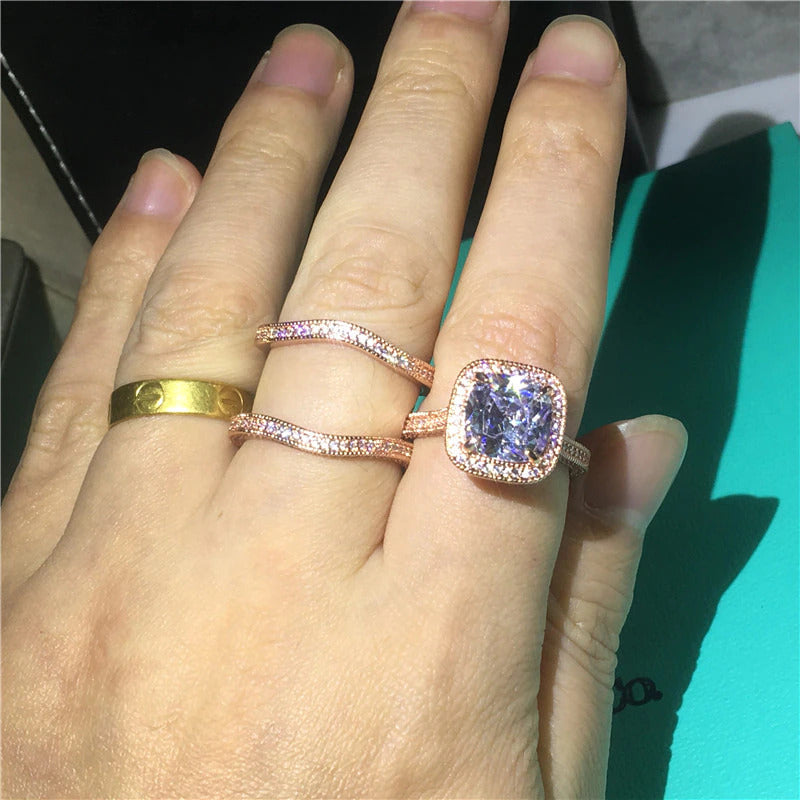 18K Rose Gold Vintage 3-In-1 Diamond Cz Ring Set 925 Sterling Silver Jewelry