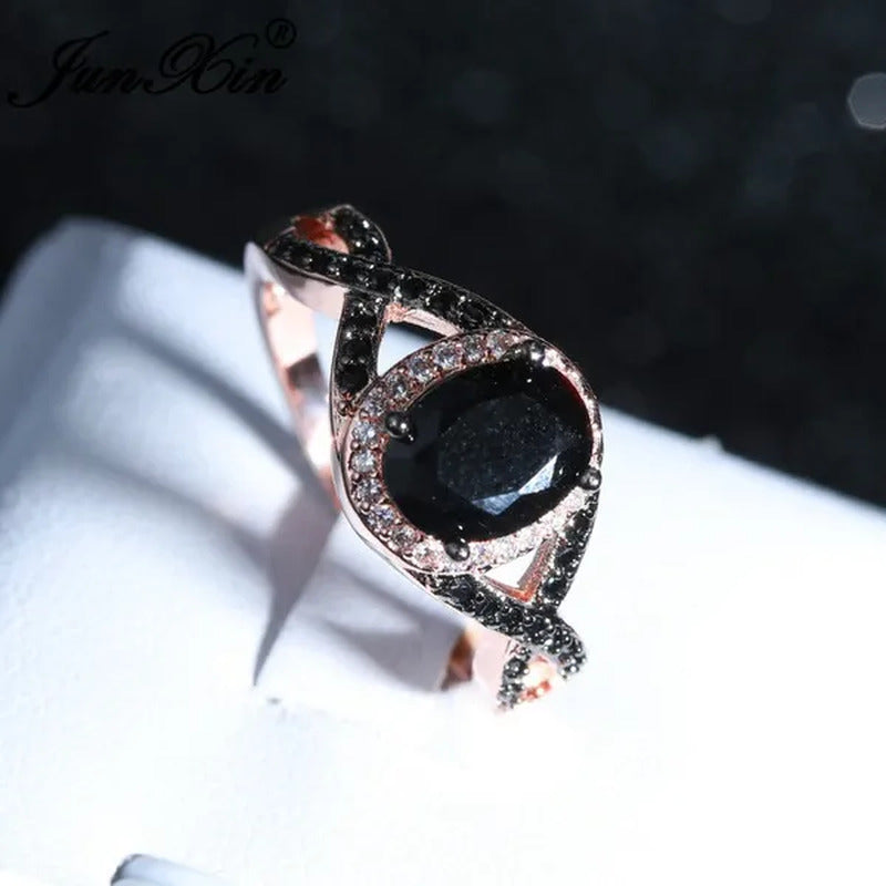 Exquisite Rose Gold Plated Large Oval Stone X Ring Women Filled Black Zircon Cry