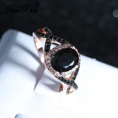 Exquisite Rose Gold Plated Large Oval Stone X Ring Women Filled Black Zircon Cry