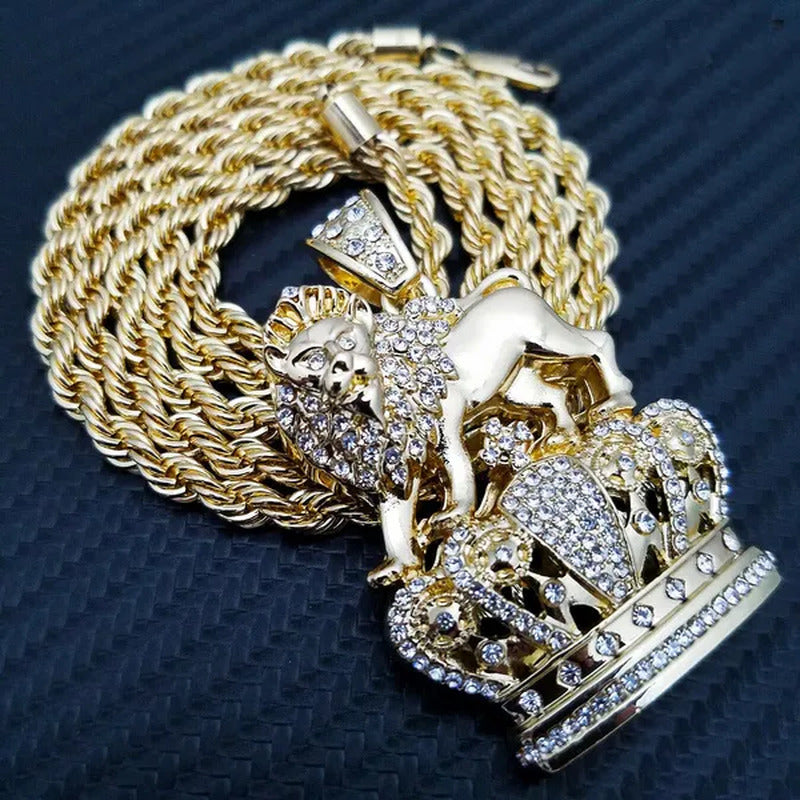Full Iced Hip Hop Rapper'S Lion King Crown Fashion Pendant & 5Mm 30" Rope Chain