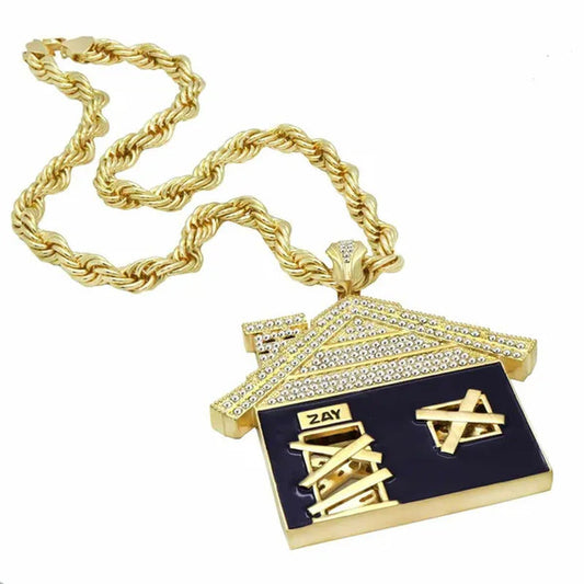 Hip Hop Luxury Diamond Jewelry Mens 14K Gold Plated Huge Trap House Pendant / 10
