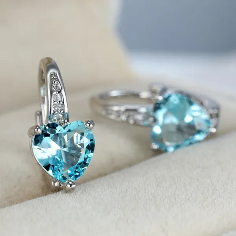925 Solid Silver Heart Cut Blue Sapphire Hoop Drop Earrings for Women Bridal Wed