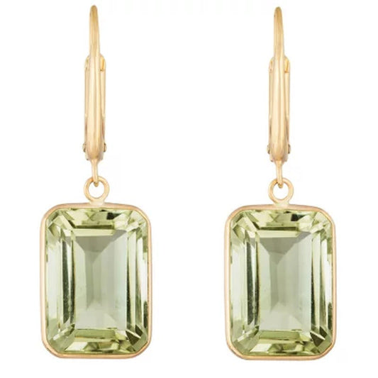 Emerald Cut Prasiolite Dangle Earrings in 14K Yellow Gold