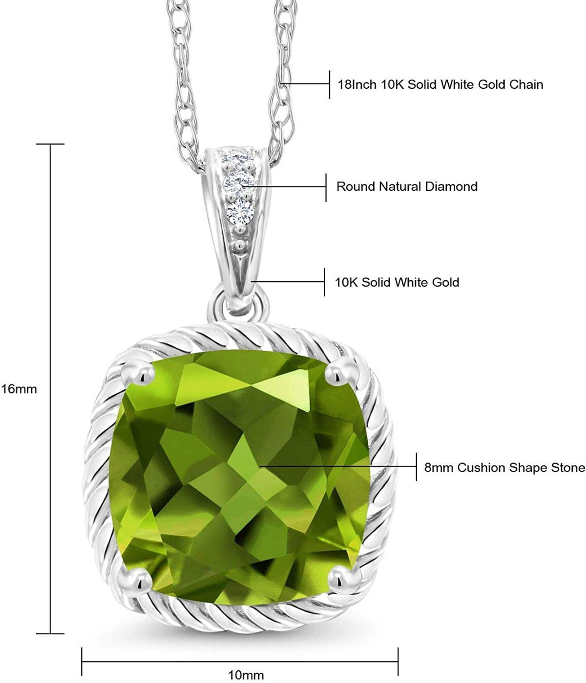10K White Gold Green Peridot and Diamond Pendant Necklace for Women (2.47 Cttw,