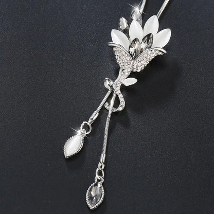 Women'S Fashion Pendant Necklace Rose Flower Studded Tassel Sweater Chain Decora