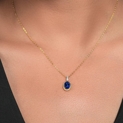 10K Yellow Gold Blue Created Sapphire and White Diamond Pendant Necklace for Wom