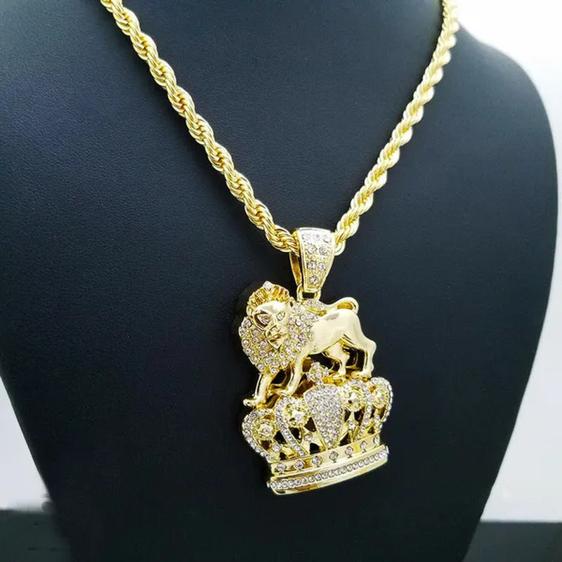 Full Iced Hip Hop Rapper'S Lion King Crown Fashion Pendant & 5Mm 30" Rope Chain