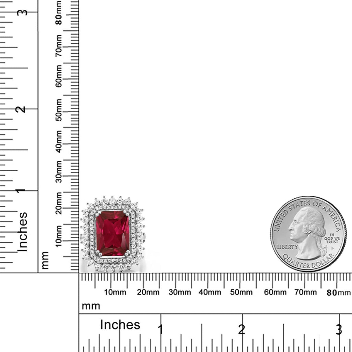 925 Sterling Silver Red Created Ruby Women'S Ring (8.60 Cttw, Emerald Cut 14X10M