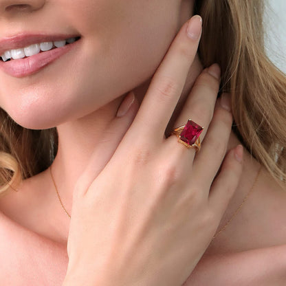 18K Yellow Gold Plated Silver Emerald Cut Created Ruby Solitaire Ring for Women
